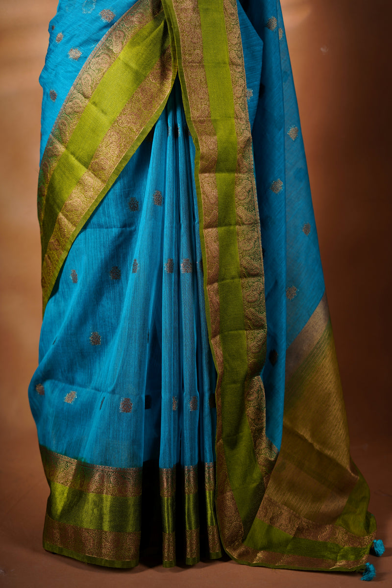 Teal Blue Kora Cotton Saree | Gold Zari Border Green Contrast | Festive Occasion Wear