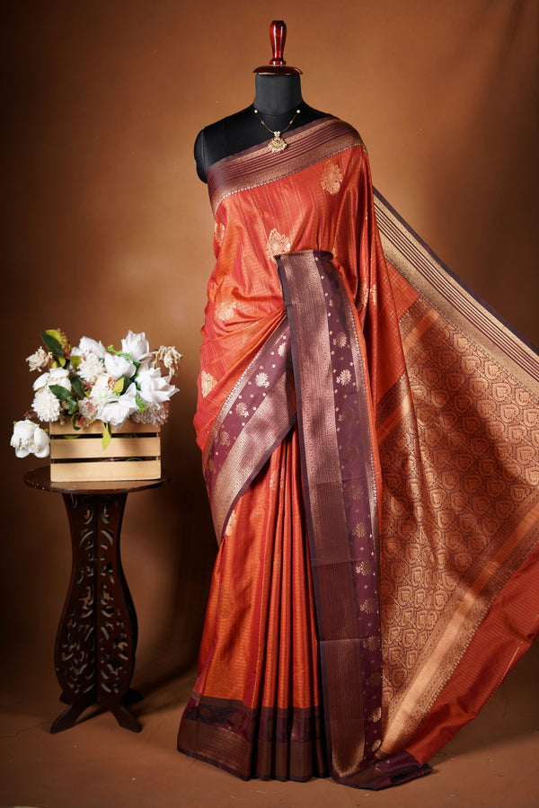 Kancheepuram Silk Saree - Rust orange with maroon border silk saree designed with rich border pattern work with zari buttas add on matching silk blouse piece.