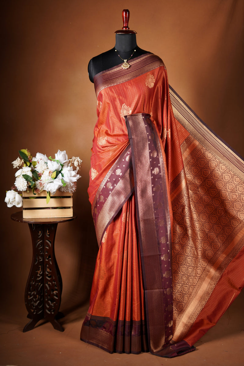 Kancheepuram Silk Saree - Rust orange with maroon border silk saree designed with rich border pattern work with zari buttas add on matching silk blouse piece.