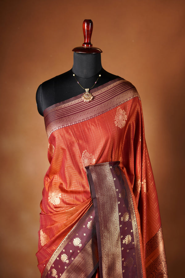 Kancheepuram Silk Saree - Rust orange with maroon border silk saree designed with rich border pattern work with zari buttas add on matching silk blouse piece.