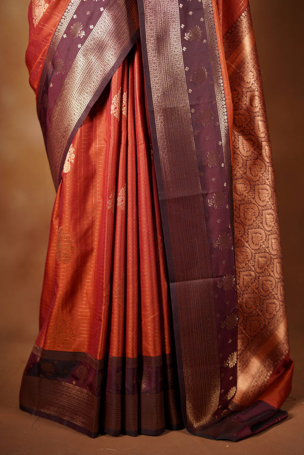 Kancheepuram Silk Saree - Rust orange with maroon border silk saree designed with rich border pattern work with zari buttas add on matching silk blouse piece.