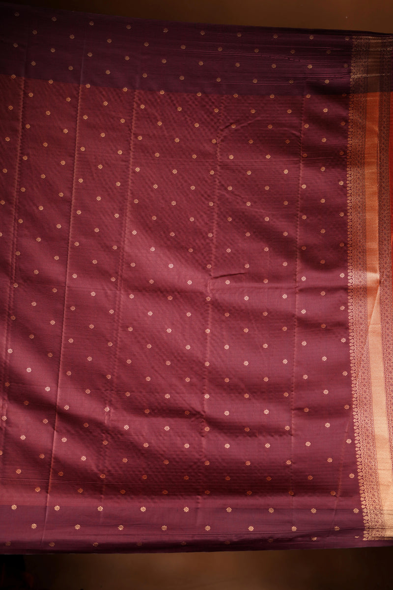 Kancheepuram Silk Saree - Rust orange with maroon border silk saree designed with rich border pattern work with zari buttas add on matching silk blouse piece.