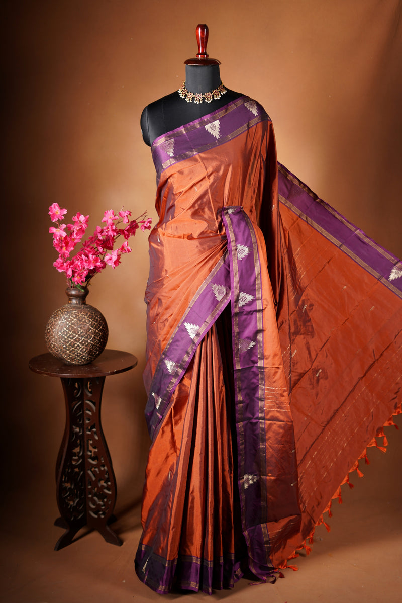 Rust Copper Semi Silk Saree | Gopuram Border Kanchipuram Style Zari | Festive Wear