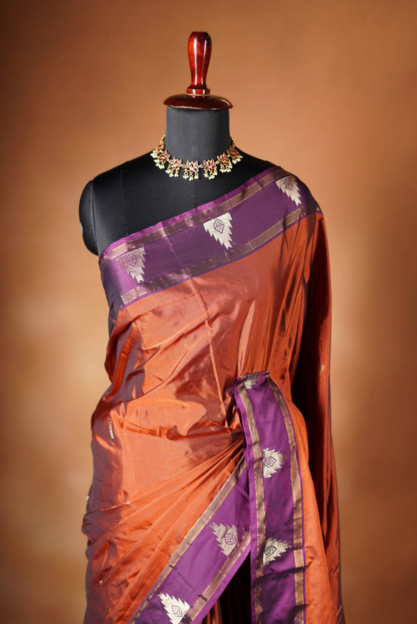 Rust Copper Semi Silk Saree | Gopuram Border Kanchipuram Style Zari | Festive Wear
