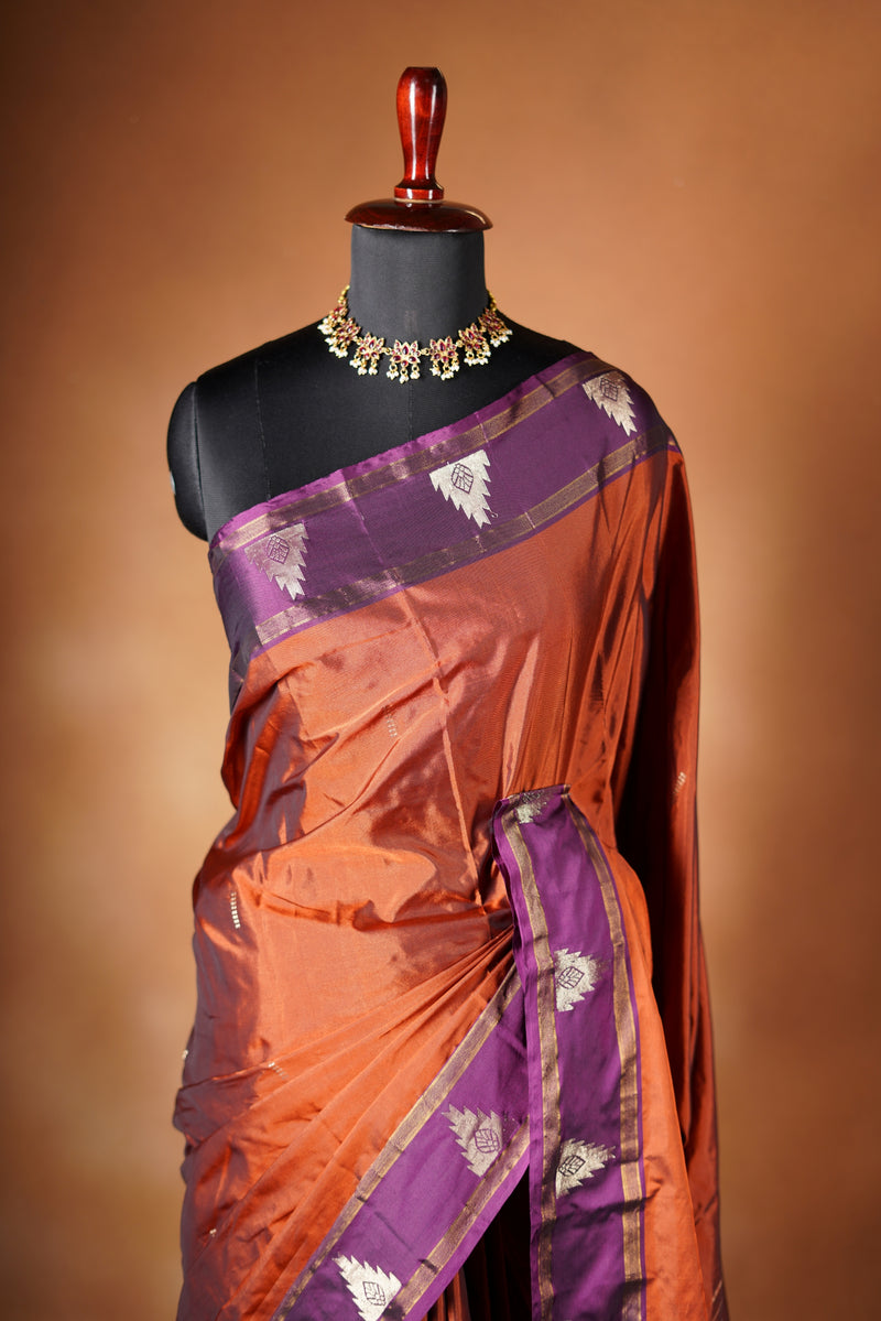 Rust Copper Semi Silk Saree | Gopuram Border Kanchipuram Style Zari | Festive Wear
