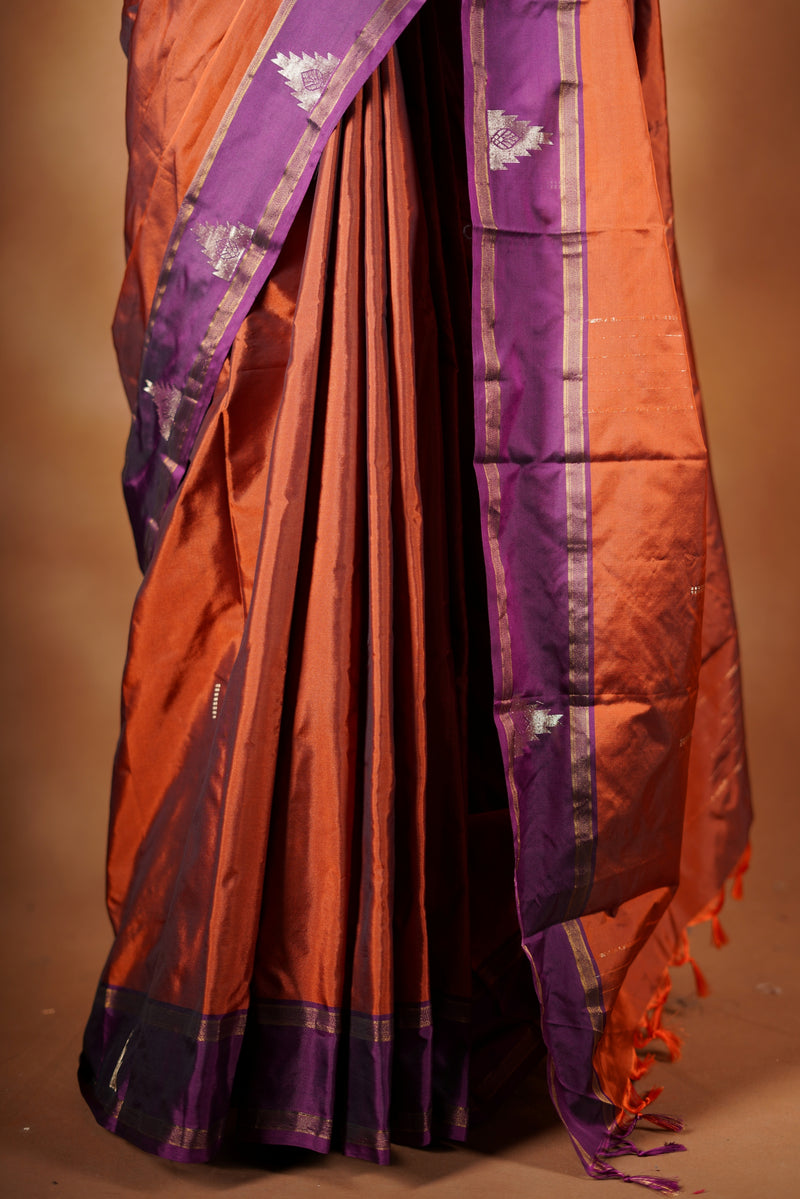 Rust Copper Semi Silk Saree | Gopuram Border Kanchipuram Style Zari | Festive Wear