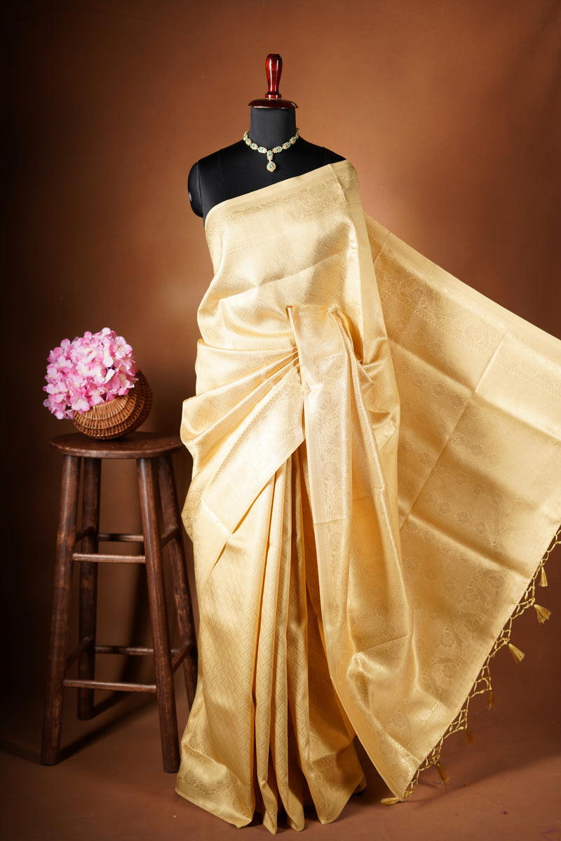 Jacquard silk saree - ivopry gold perimum tissues silk blend situation metallic sliver zari work through out the saree and paired with contract blouse
