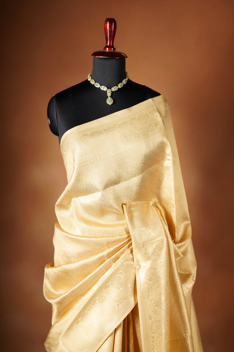 Jacquard silk saree - ivopry gold perimum tissues silk blend situation metallic sliver zari work through out the saree and paired with contract blouse