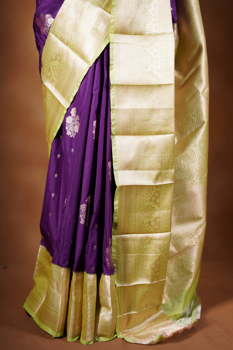 Semi Silk Saree - featuring ornate circular and floral patterns that signify its suitability for grand occasions with heavy pallu work and attached contrast blouse
