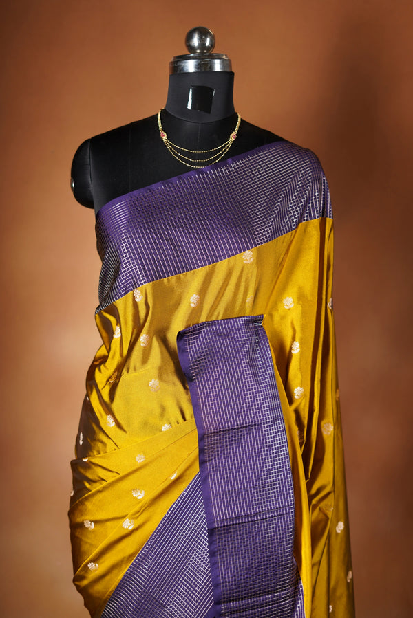 Mustard Yellow Soft Silk Saree | Violet Checked Lurex Border | Festive & Modern Wear
