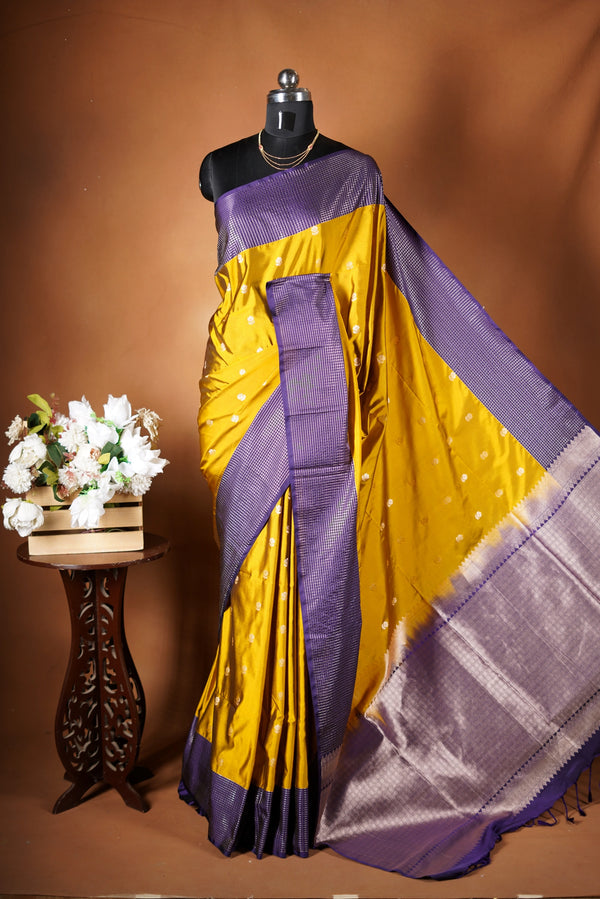 Mustard Yellow Soft Silk Saree | Violet Checked Lurex Border | Festive & Modern Wear
