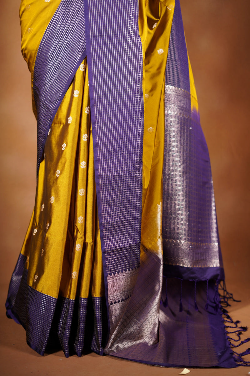 Mustard Yellow Soft Silk Saree | Violet Checked Lurex Border | Festive & Modern Wear