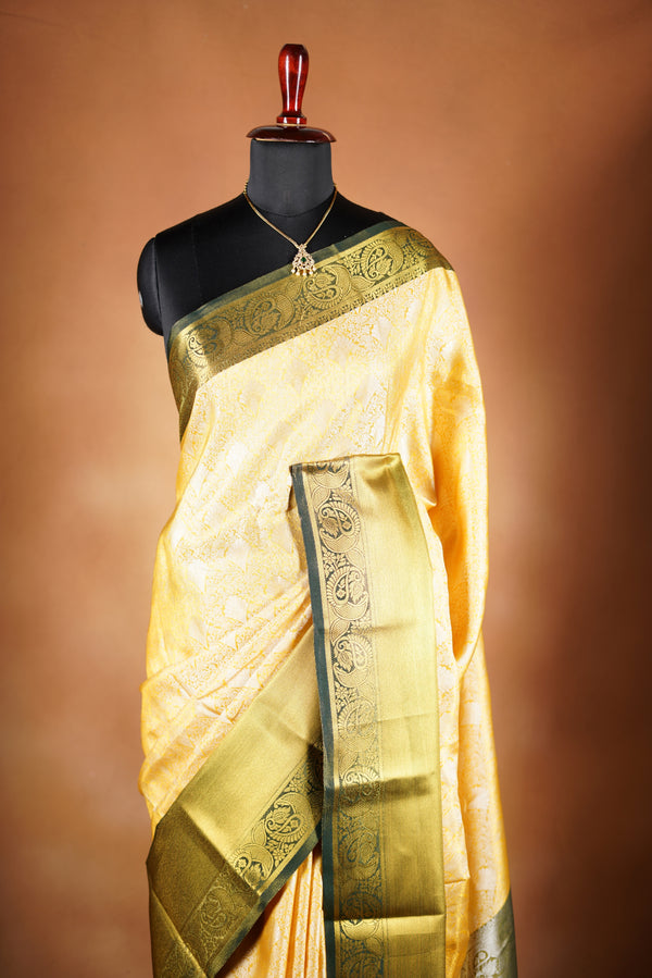 Ivory Gold Tissue Cotton Saree | Deep Green Zari Border | Festive & Special Occasion Wear