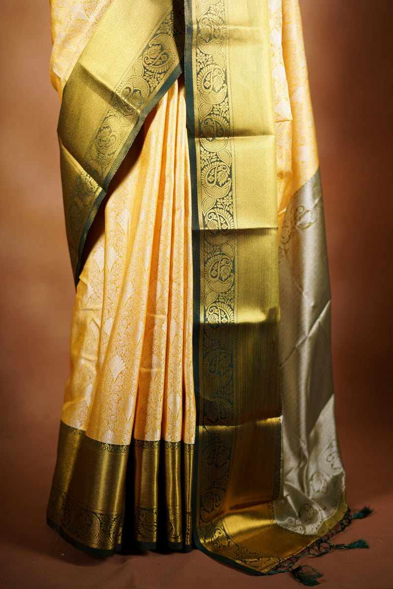 Ivory Gold Tissue Cotton Saree | Deep Green Zari Border | Festive & Special Occasion Wear