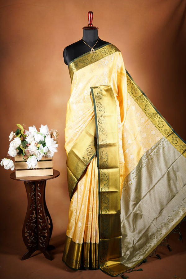 Ivory Gold Tissue Cotton Saree | Deep Green Zari Border | Festive & Special Occasion Wear