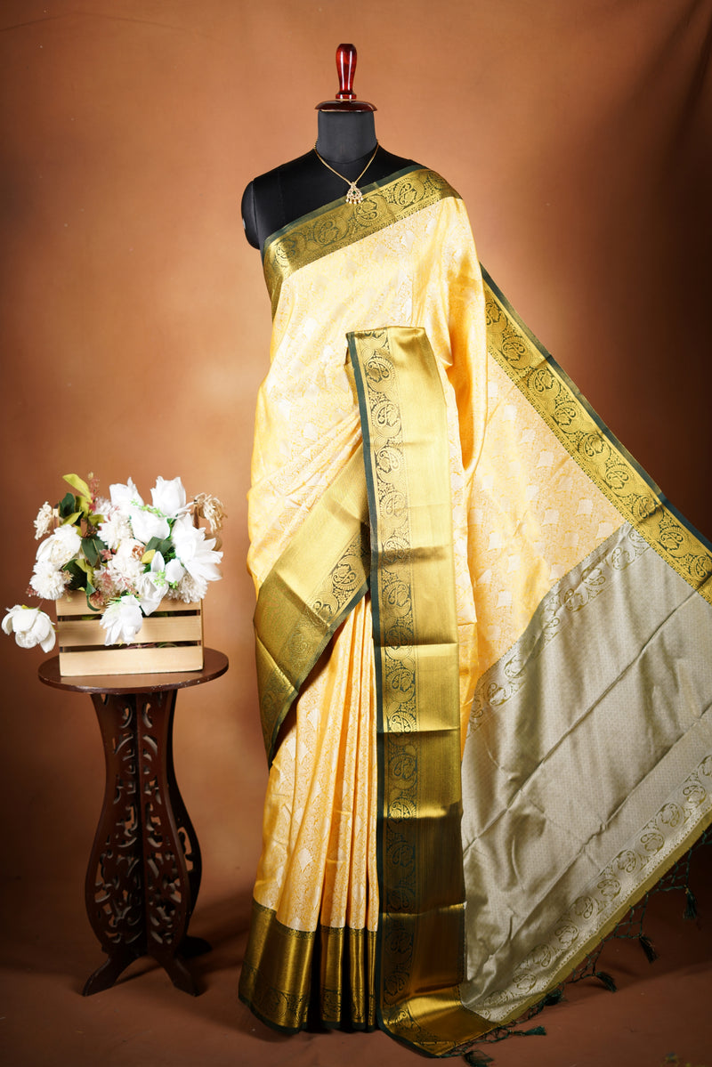 Ivory Gold Tissue Cotton Saree | Deep Green Zari Border | Festive & Special Occasion Wear