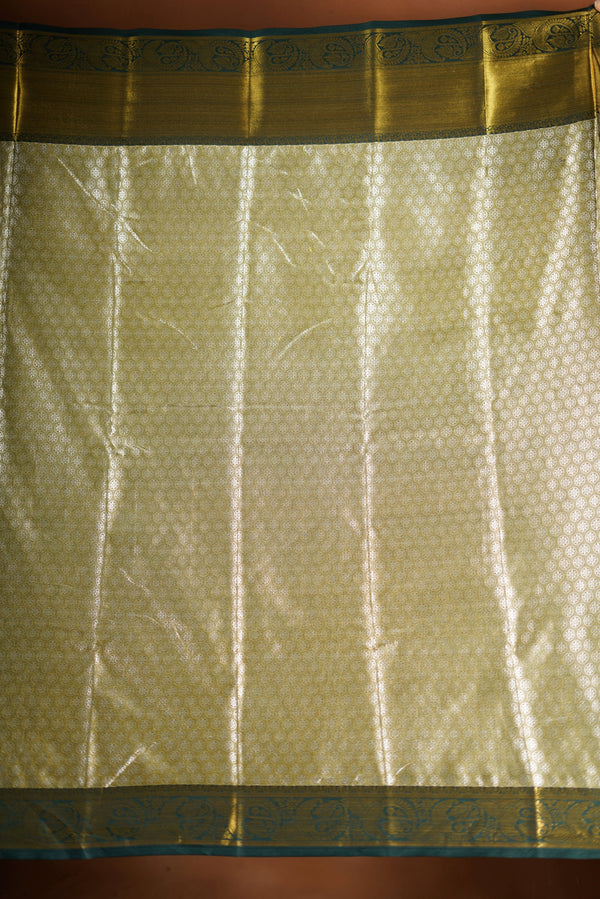 Ivory Gold Tissue Cotton Saree | Deep Green Zari Border | Festive & Special Occasion Wear