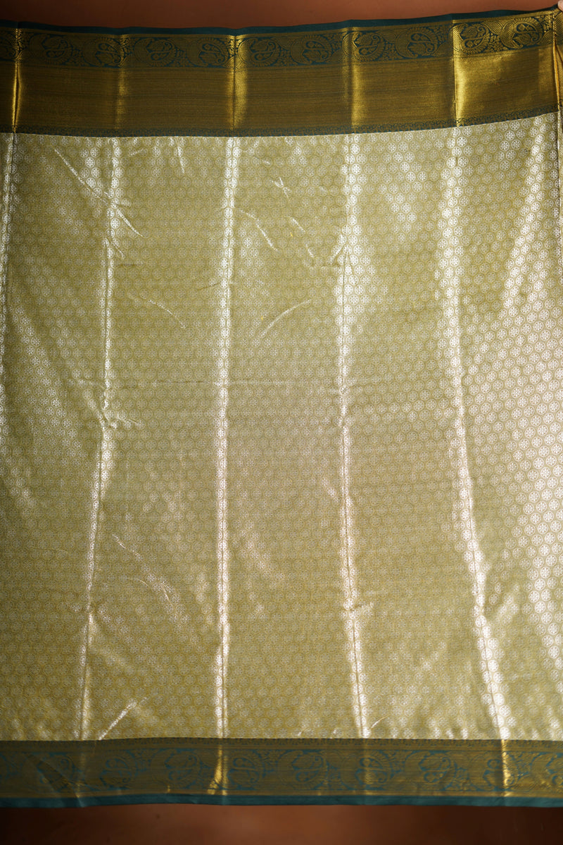 Ivory Gold Tissue Cotton Saree | Deep Green Zari Border | Festive & Special Occasion Wear