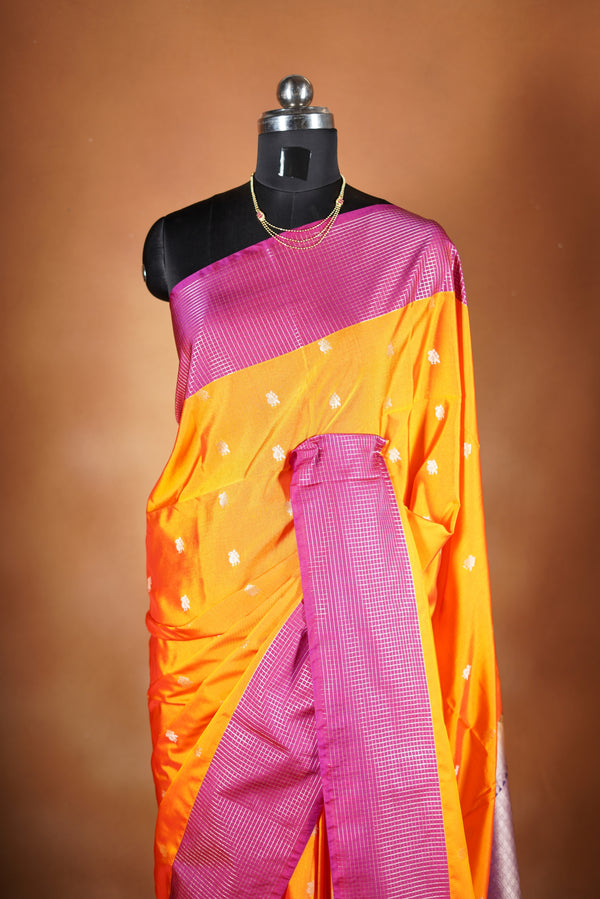 Bright Yellow Soft Silk Saree | Lurex Check Body Pink Border | Festive Party Wear