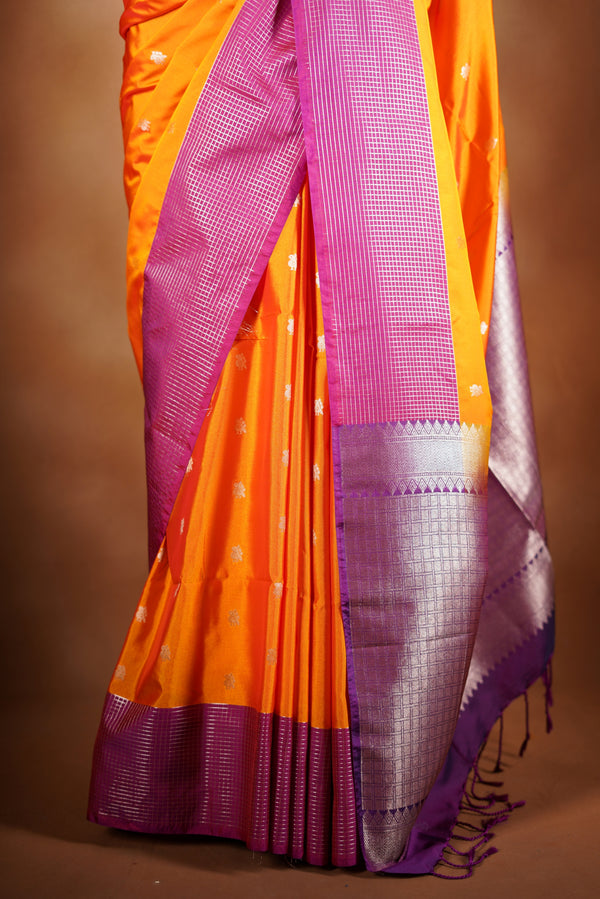 Bright Yellow Soft Silk Saree | Lurex Check Body Pink Border | Festive Party Wear