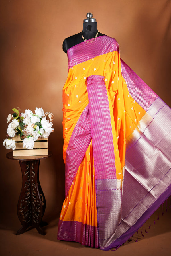 Bright Yellow Soft Silk Saree | Lurex Check Body Pink Border | Festive Party Wear