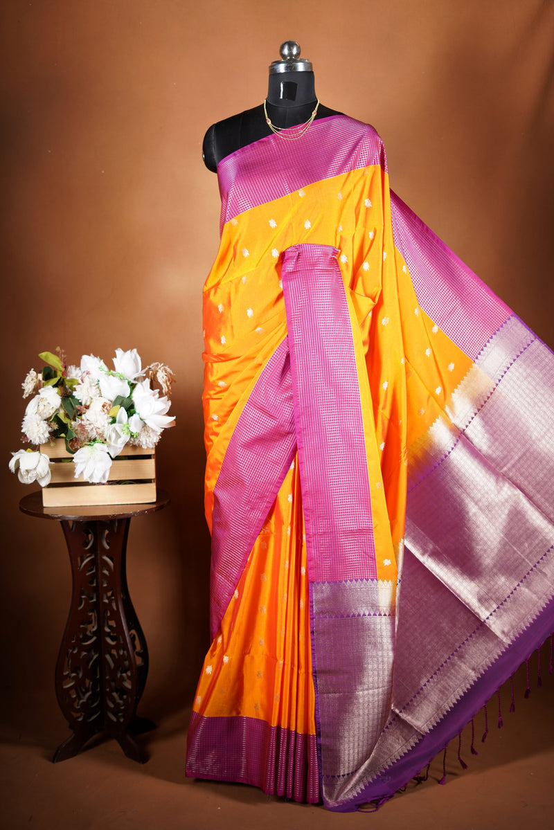 Bright Yellow Soft Silk Saree | Lurex Check Body Pink Border | Festive Party Wear