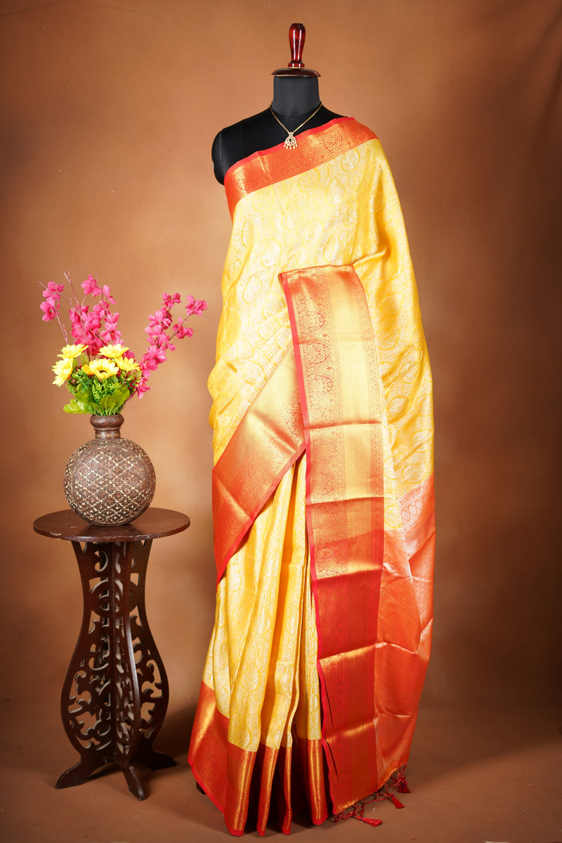 Golden Tissue Cotton Saree | Intricate Zari Border & Pallu | Traditional Festive Wear