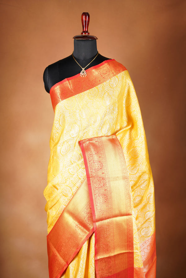 Golden Tissue Cotton Saree | Intricate Zari Border & Pallu | Traditional Festive Wear