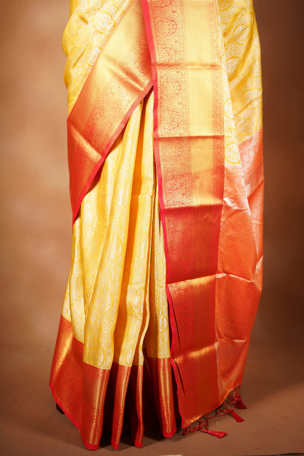 Golden Tissue Cotton Saree | Intricate Zari Border & Pallu | Traditional Festive Wear