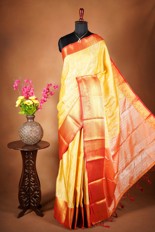 Golden Tissue Cotton Saree | Intricate Zari Border & Pallu | Traditional Festive Wear
