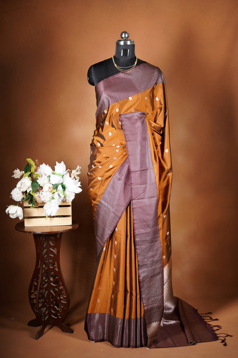 Rust Gold Soft Silk Saree | Violet Lurex Checked Border | Festive & Contemporary Wear