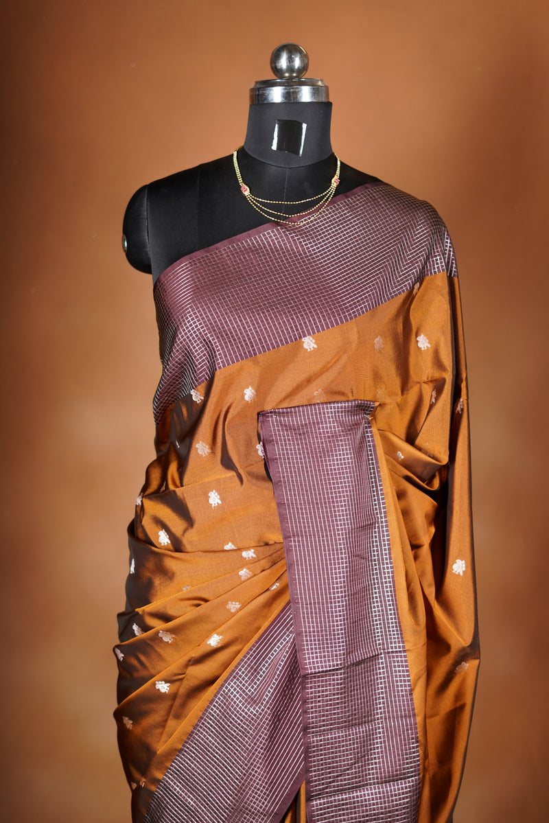 Rust Gold Soft Silk Saree | Violet Lurex Checked Border | Festive & Contemporary Wear