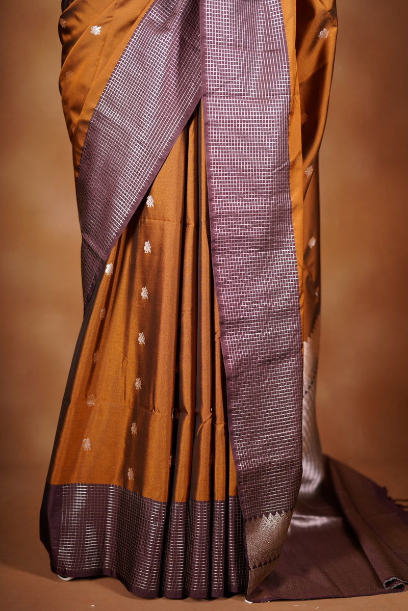 Rust Gold Soft Silk Saree | Violet Lurex Checked Border | Festive & Contemporary Wear