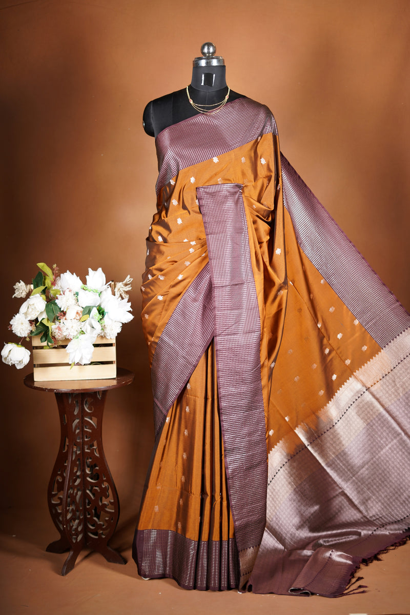 Rust Gold Soft Silk Saree | Violet Lurex Checked Border | Festive & Contemporary Wear