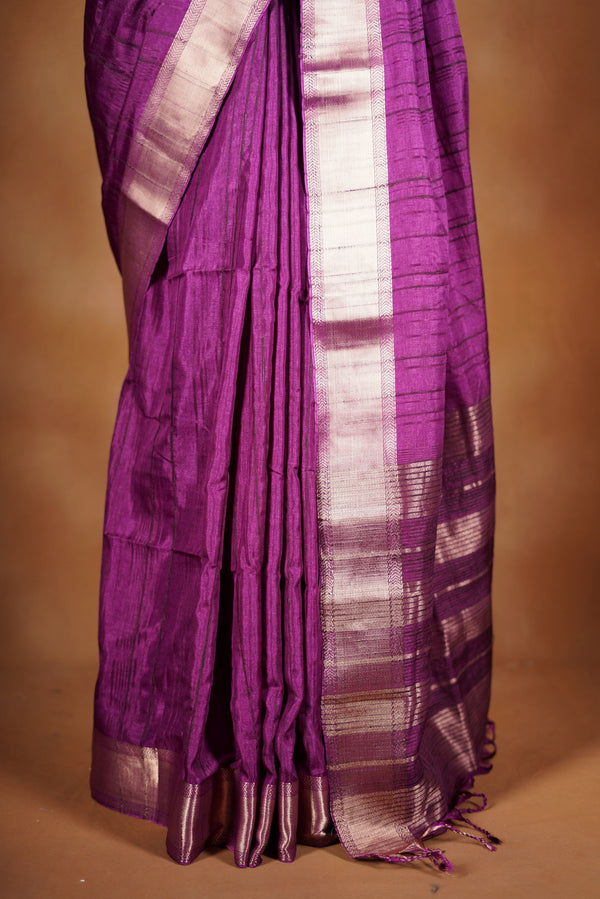 Violet Semi Tussar Saree | Gold Zari Border Plain Body | Traditional Festive Wear