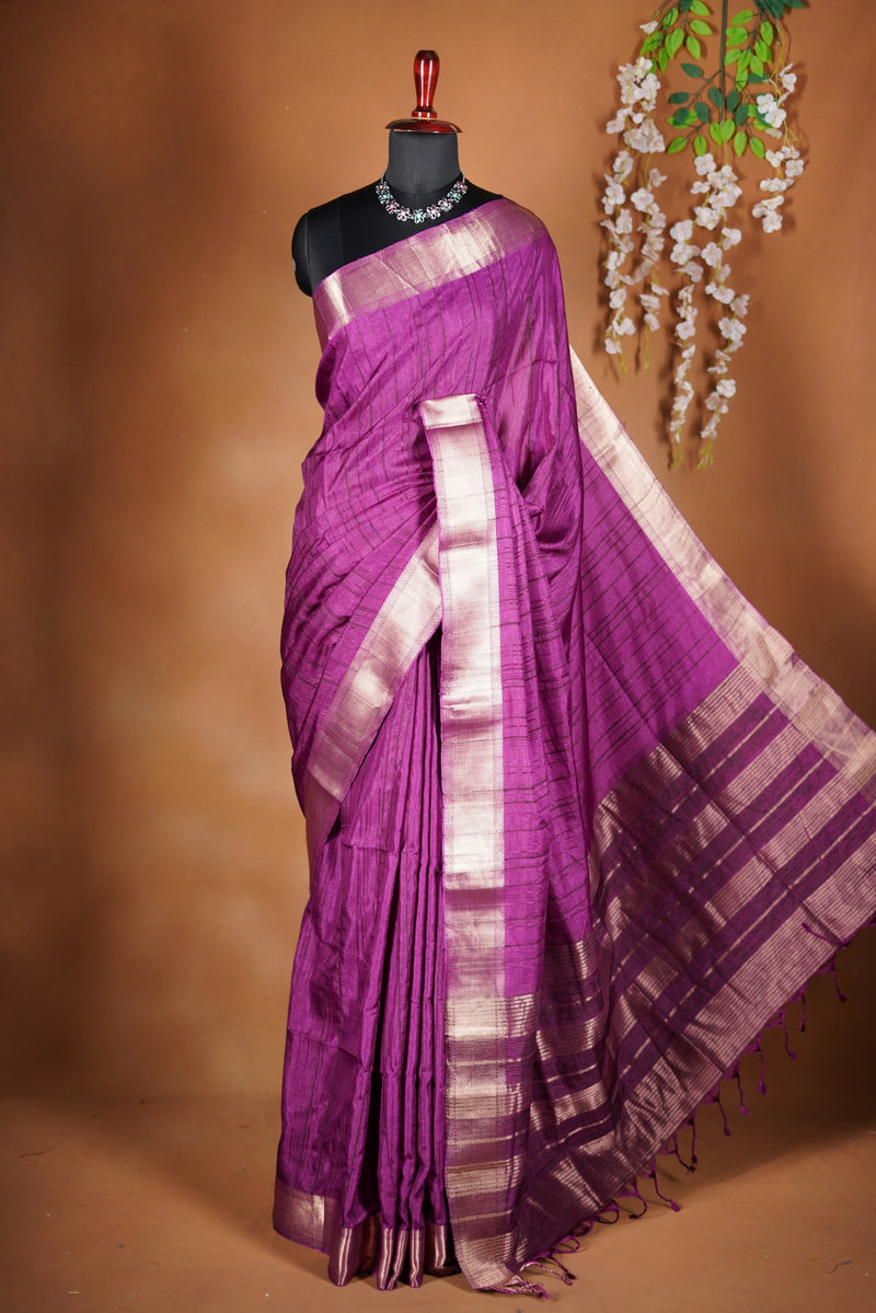 Violet Semi Tussar Saree | Gold Zari Border Plain Body | Traditional Festive Wear
