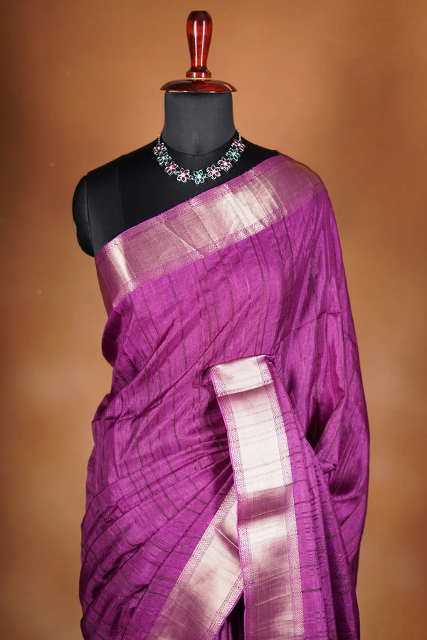 Violet Semi Tussar Saree | Gold Zari Border Plain Body | Traditional Festive Wear