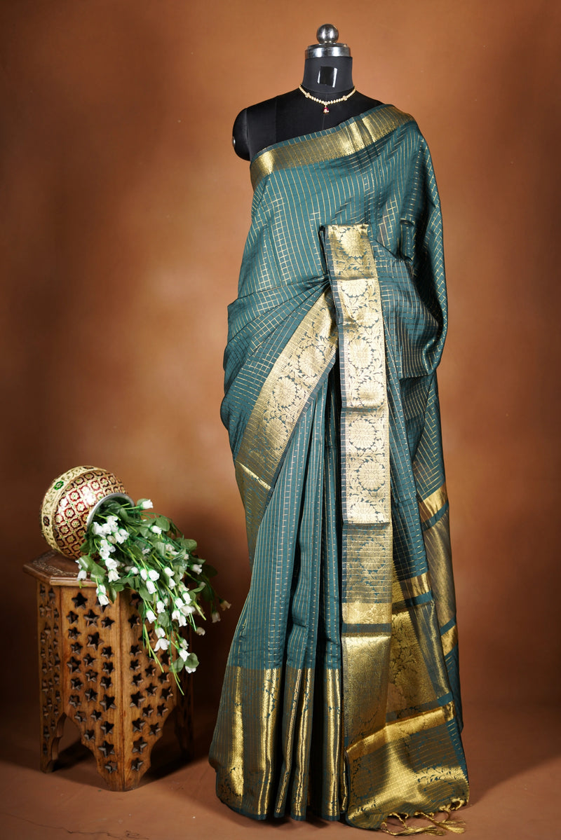 Bottle Green Fancy Cotton Saree | Lurex Check Body Gold Zari Border | Party Festive Wear
