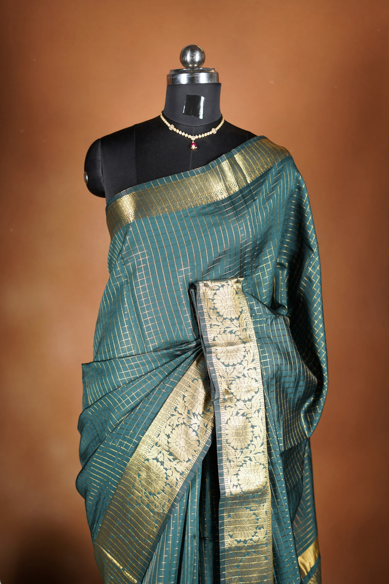 Bottle Green Fancy Cotton Saree | Lurex Check Body Gold Zari Border | Party Festive Wear
