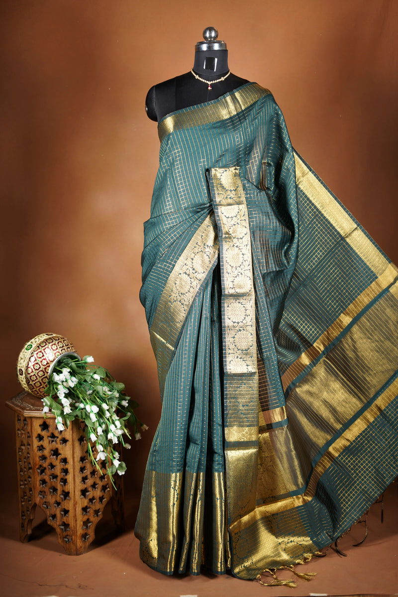 Bottle Green Fancy Cotton Saree | Lurex Check Body Gold Zari Border | Party Festive Wear