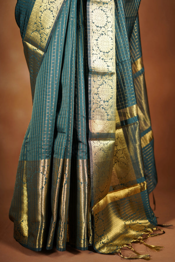 Bottle Green Fancy Cotton Saree | Lurex Check Body Gold Zari Border | Party Festive Wear