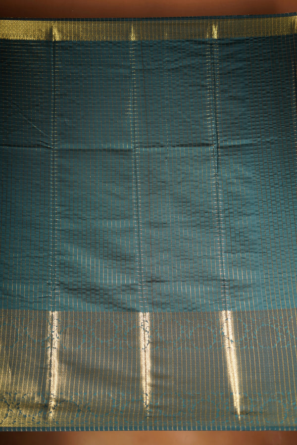 Bottle Green Fancy Cotton Saree | Lurex Check Body Gold Zari Border | Party Festive Wear