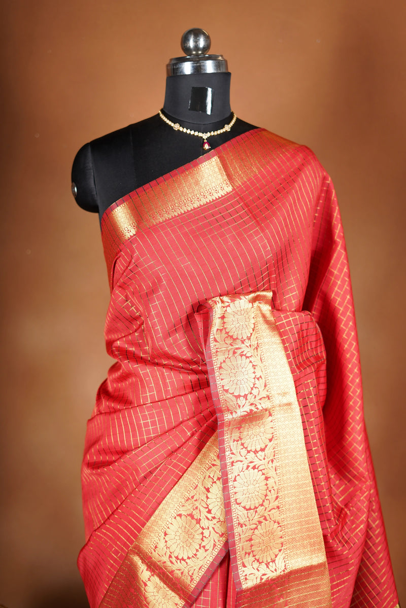Coral Red Fancy Cotton Saree | Lurex Check Body Gold Zari Border | Festive Party Wear