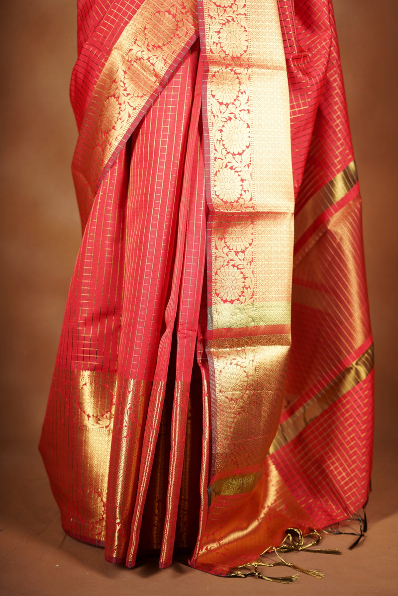Coral Red Fancy Cotton Saree | Lurex Check Body Gold Zari Border | Festive Party Wear