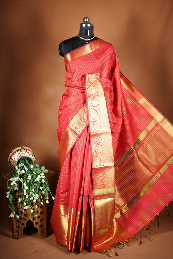 Coral Red Fancy Cotton Saree | Lurex Check Body Gold Zari Border | Festive Party Wear