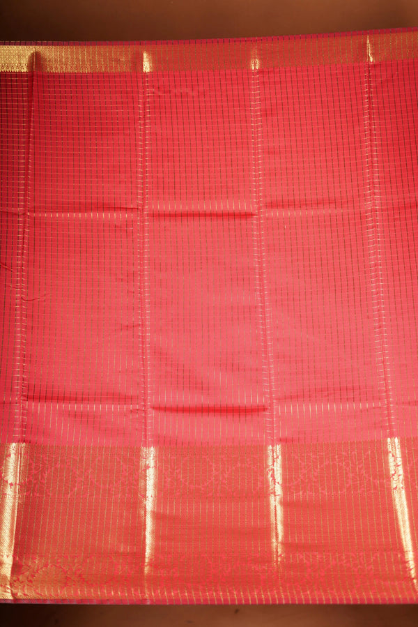Coral Red Fancy Cotton Saree | Lurex Check Body Gold Zari Border | Festive Party Wear