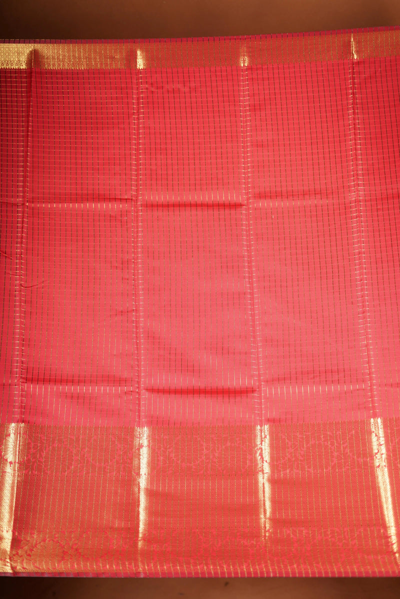 Coral Red Fancy Cotton Saree | Lurex Check Body Gold Zari Border | Festive Party Wear