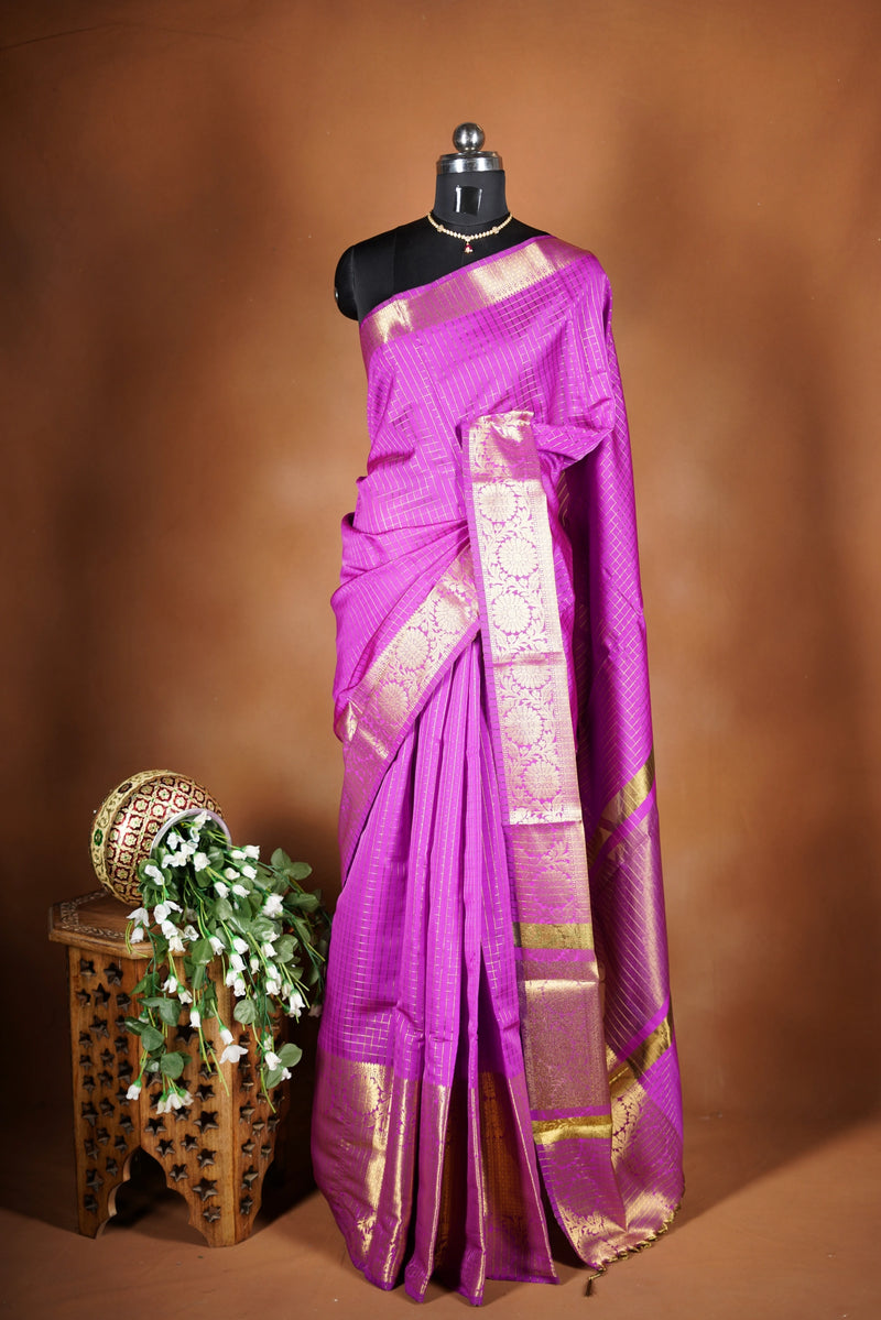 Magenta Fancy Cotton Saree | Zari Stripe Body Gold Long Border | Festive & Party Wear