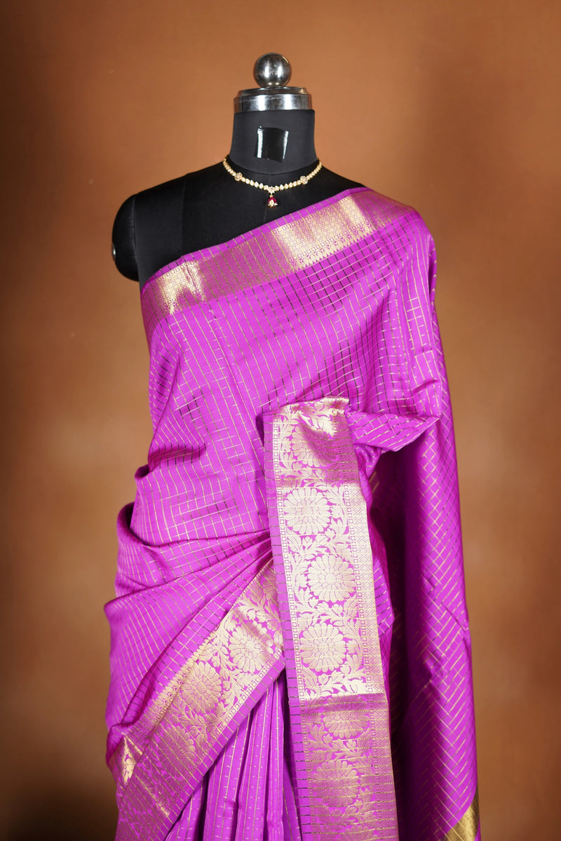 Magenta Fancy Cotton Saree | Zari Stripe Body Gold Long Border | Festive & Party Wear