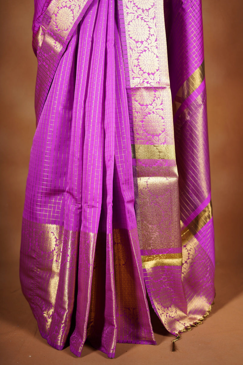 Magenta Fancy Cotton Saree | Zari Stripe Body Gold Long Border | Festive & Party Wear